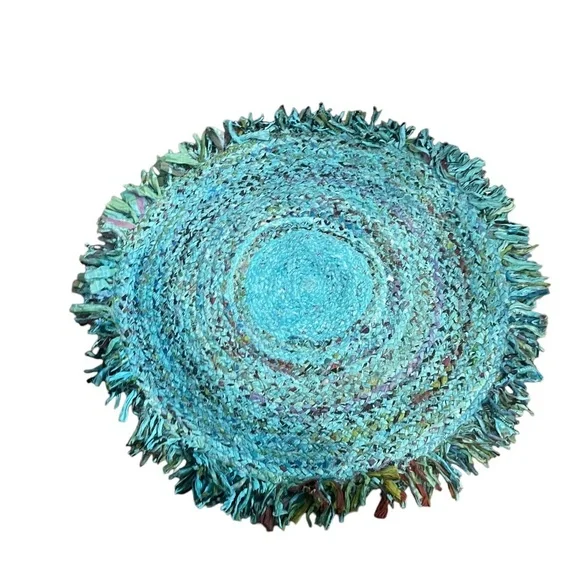 NWOT Handmade Braided Multi Color Block Rag Rug With Fringe Round Rug, - Picture 6 of 8